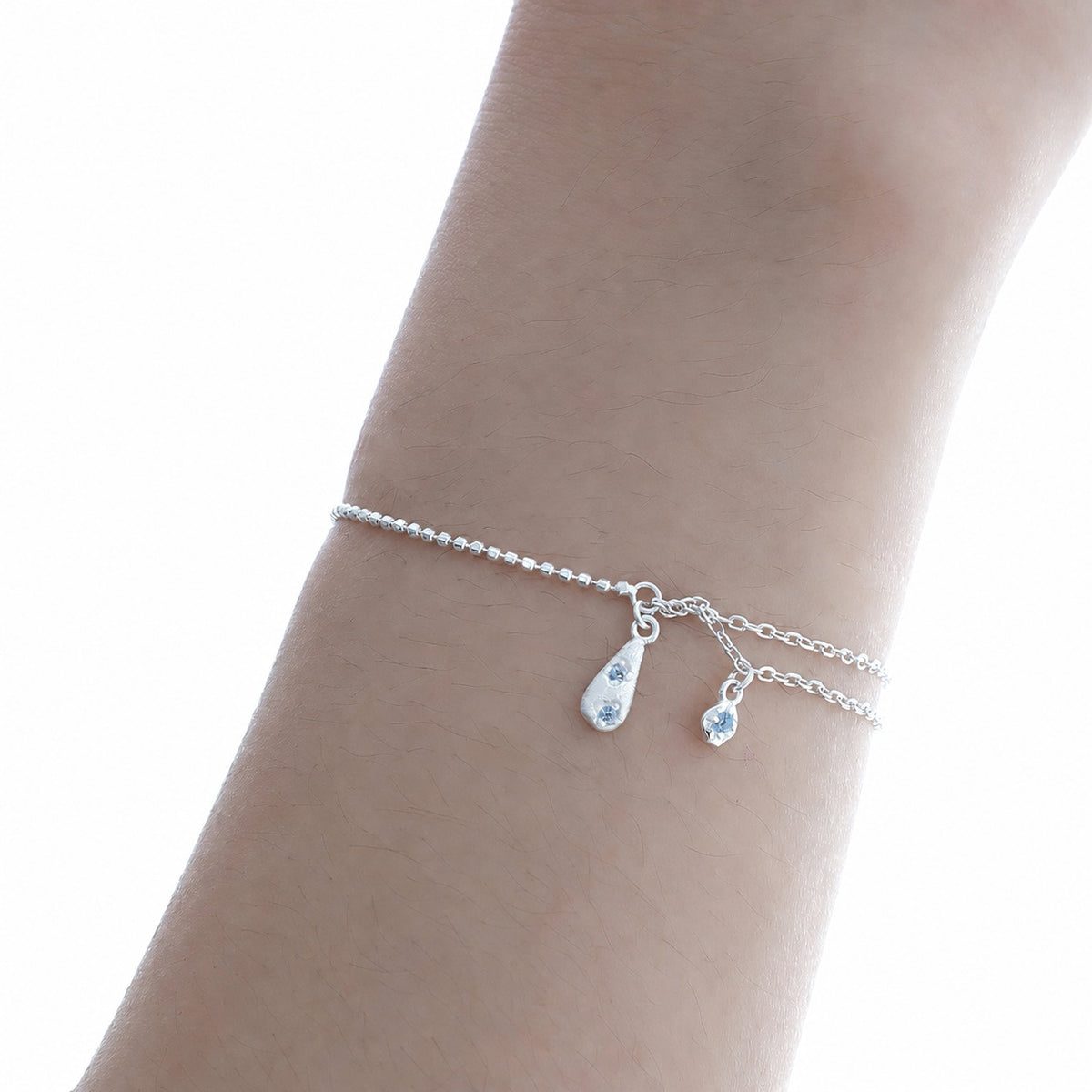 Cubic Zirconia Teardrop Pendant: 925 Sterling Silver Minimalist Layered Teardrop Pendant with Double Chain Bracelet
