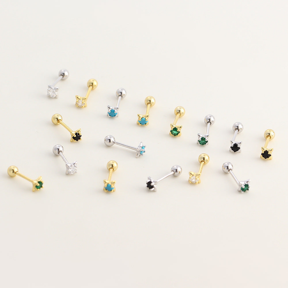 Pendientes de Clavillo para Cartílago con Estrella de Cuatro Puntas Delicada Mini, Engaste de Piedra, Plata de Ley 925 con Cierre de Tornillo