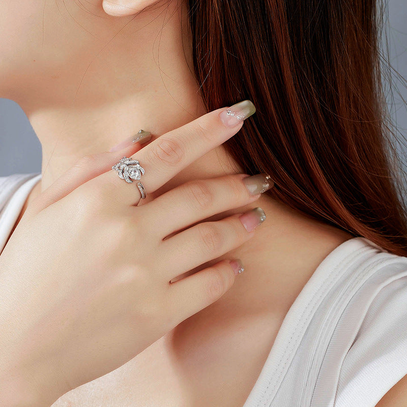 Elegant Peacock Feather Design Cubic Zirconia 925 Sterling Silver Adjustable Ring