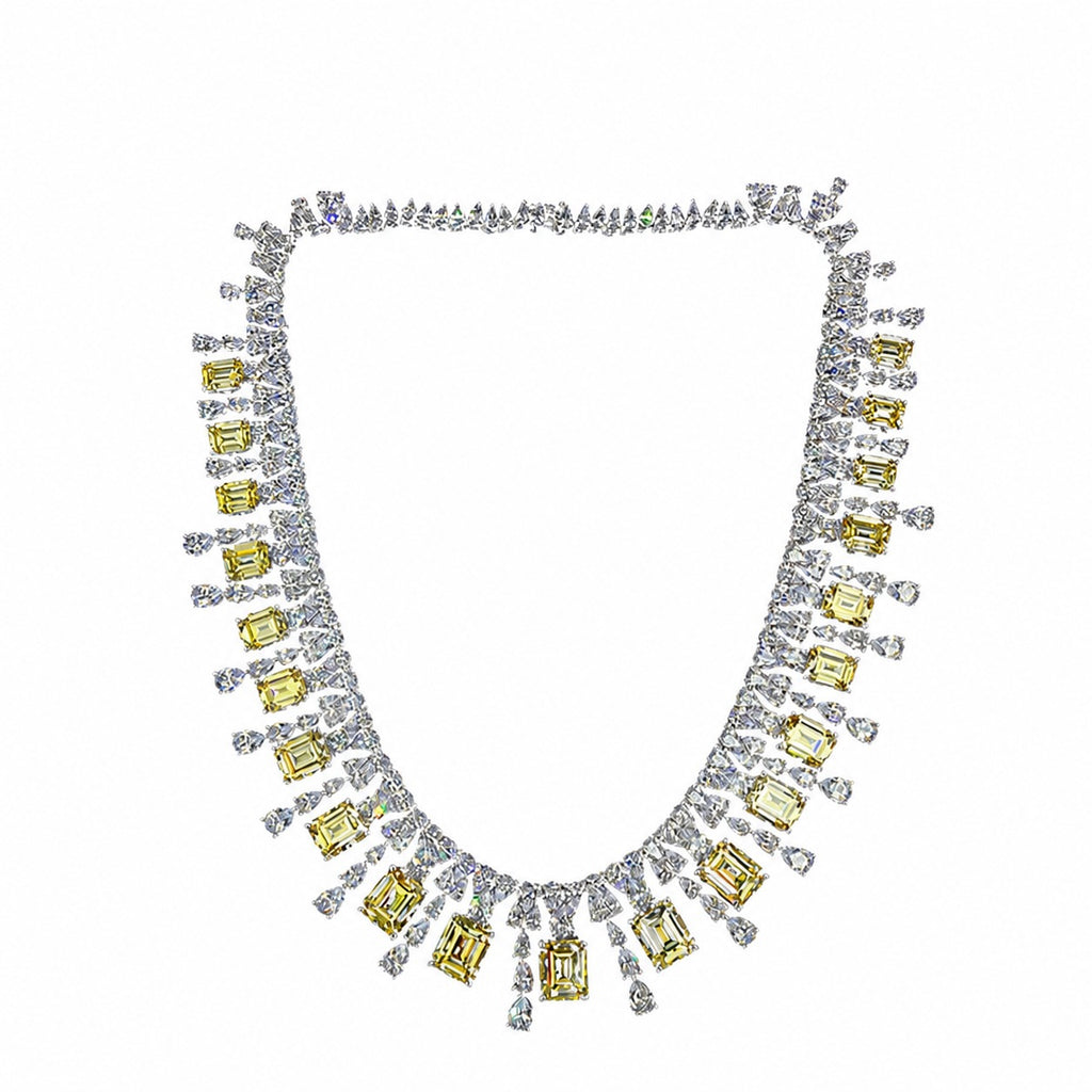 Collar de plata esterlina 925 incrustado con esmeraldas amarillas y circonitas cúbicas en forma de pera