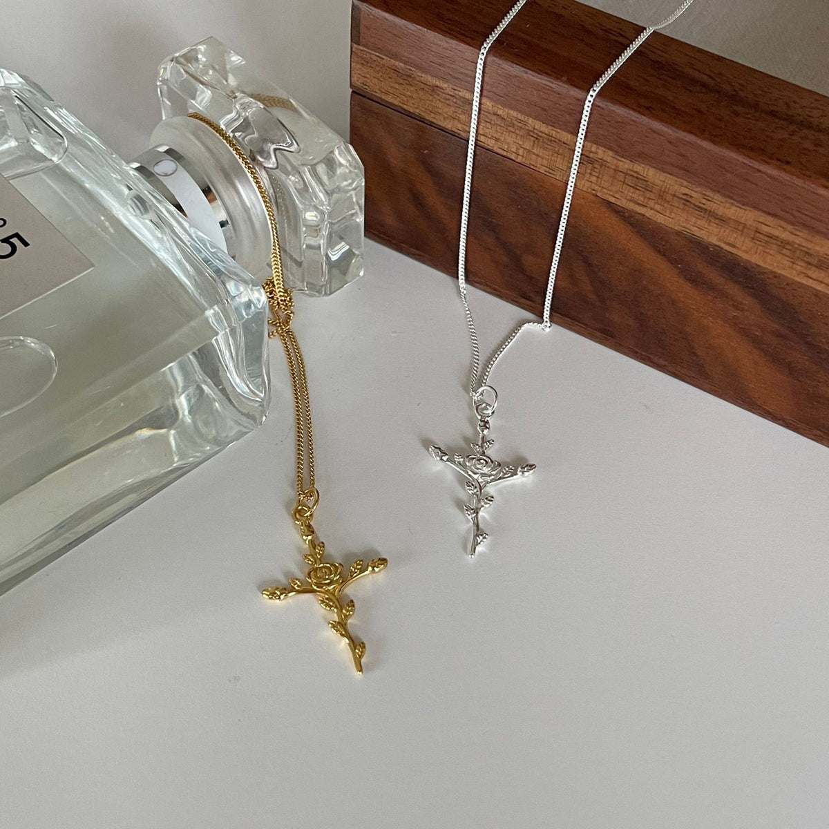 Women Beautiful Rose Flower Cross 925 Sterling Silver Necklace