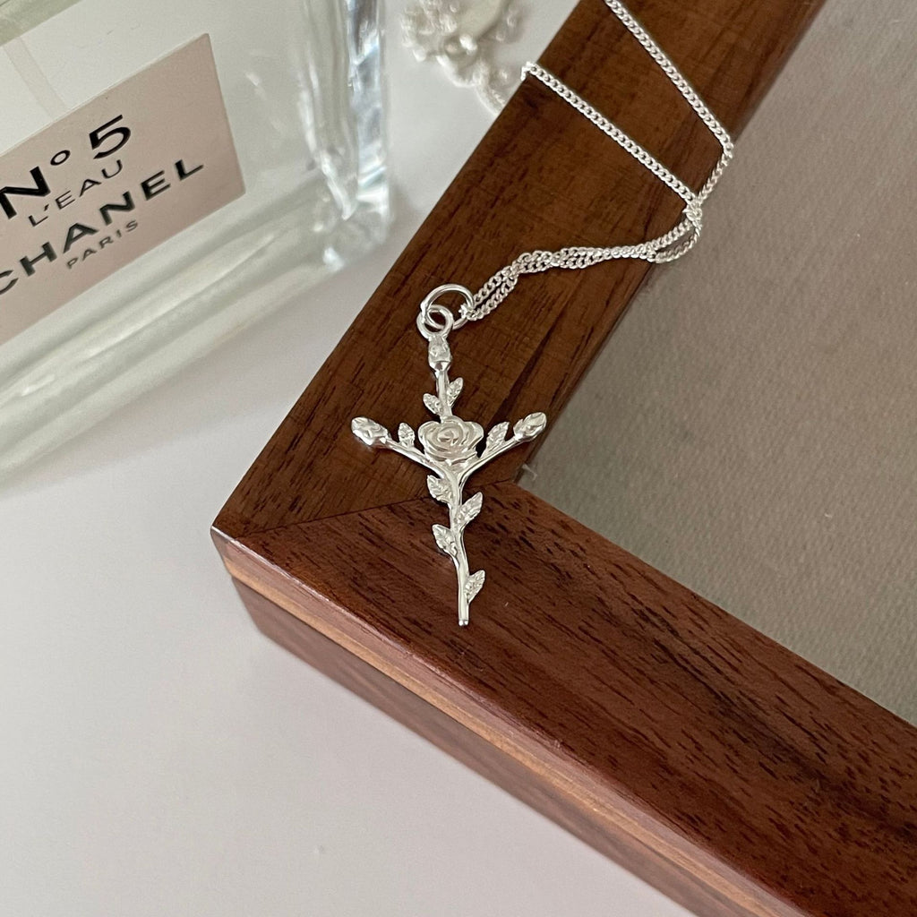 Women Beautiful Rose Flower Cross 925 Sterling Silver Necklace