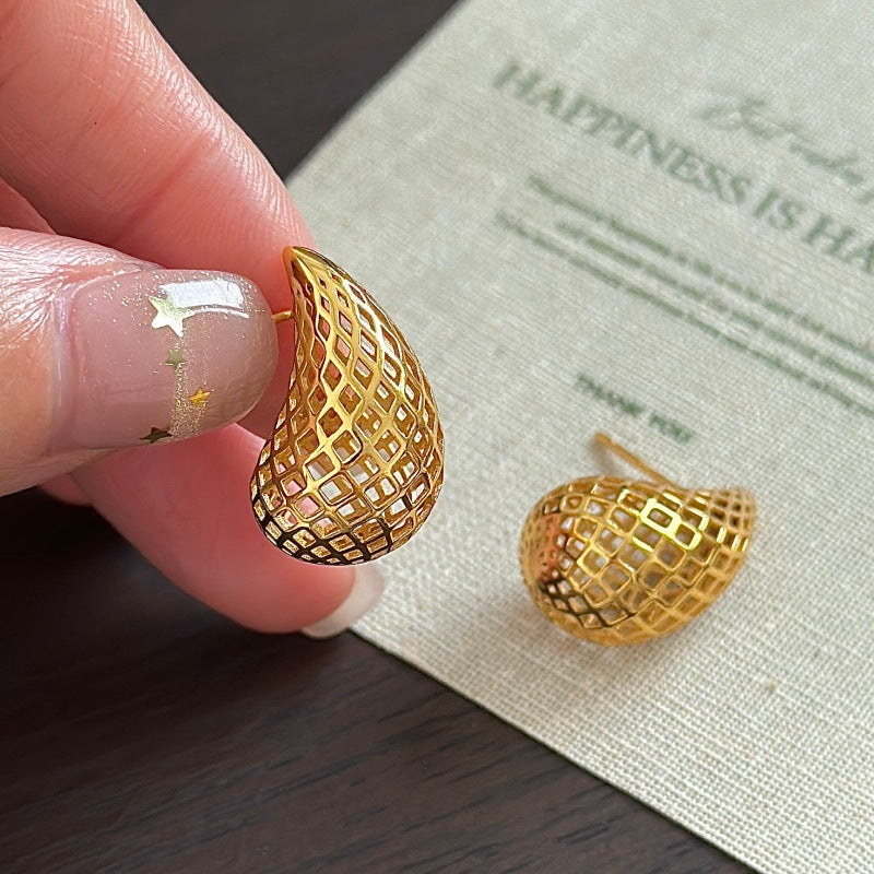 Geometric Water Drop Fashion Hollow Teardrop Mesh Lattice 925 Sterling Silver Stud Earrings