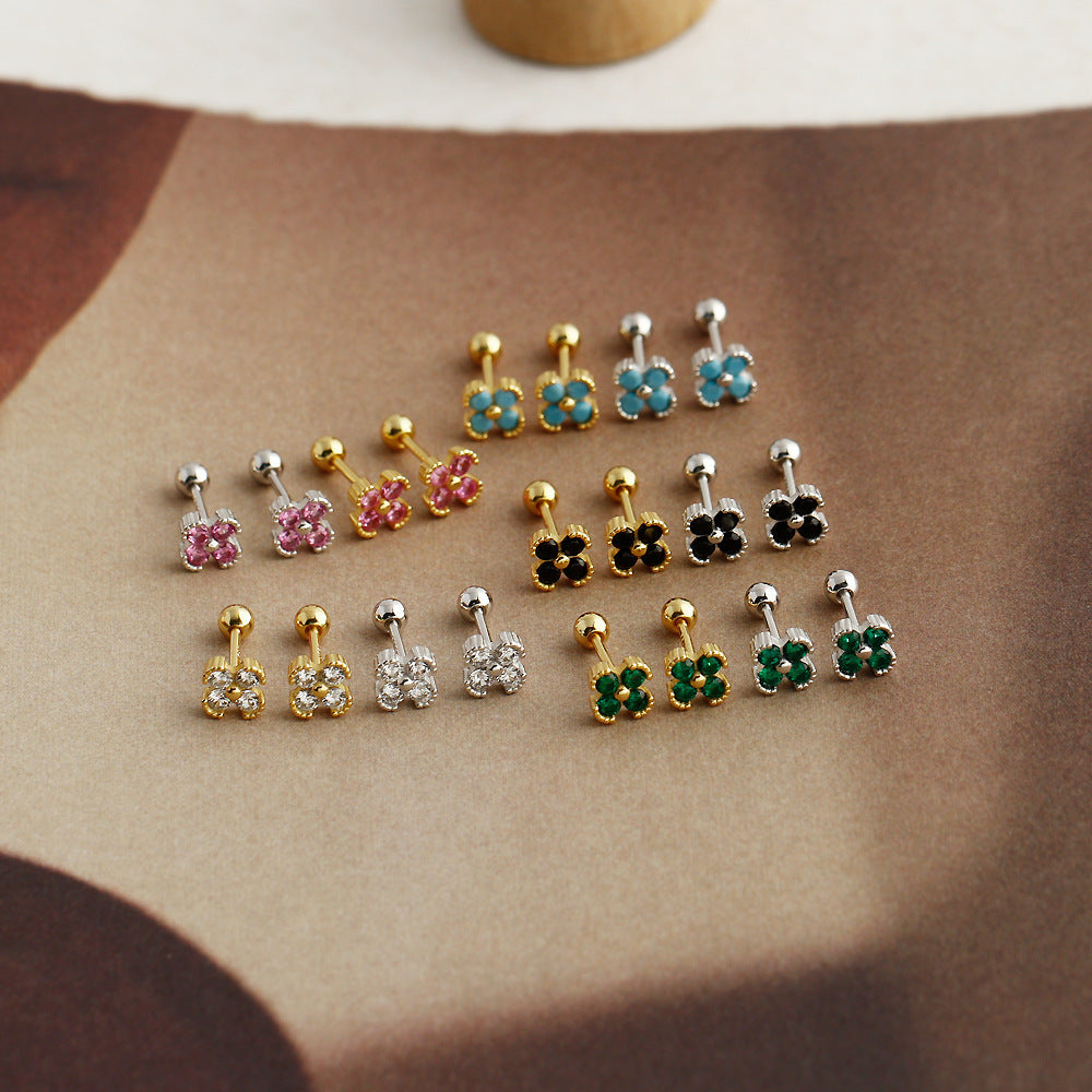 Cubic Zirconia Four-Petal Flower Stylish and Elegant 925 Sterling Silver Stud Earrings