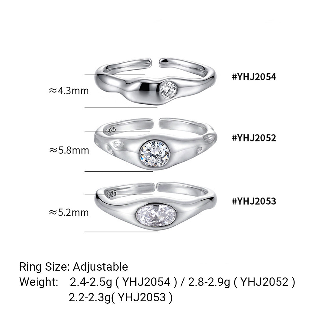 Cubic Zirconia Geometric Oval and Round Setting  925 Sterling Silver Adjustable Open Band Minimalist Wavy Ring