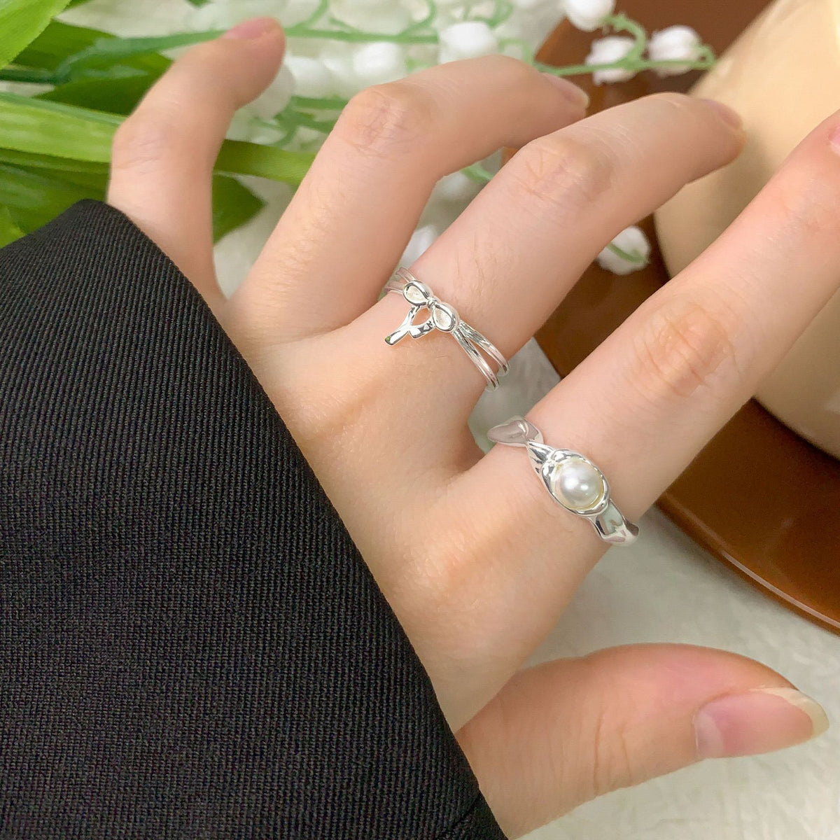 Women Gift Round Natural Pearl 925 Sterling Silver Twisted Adjustable Ring