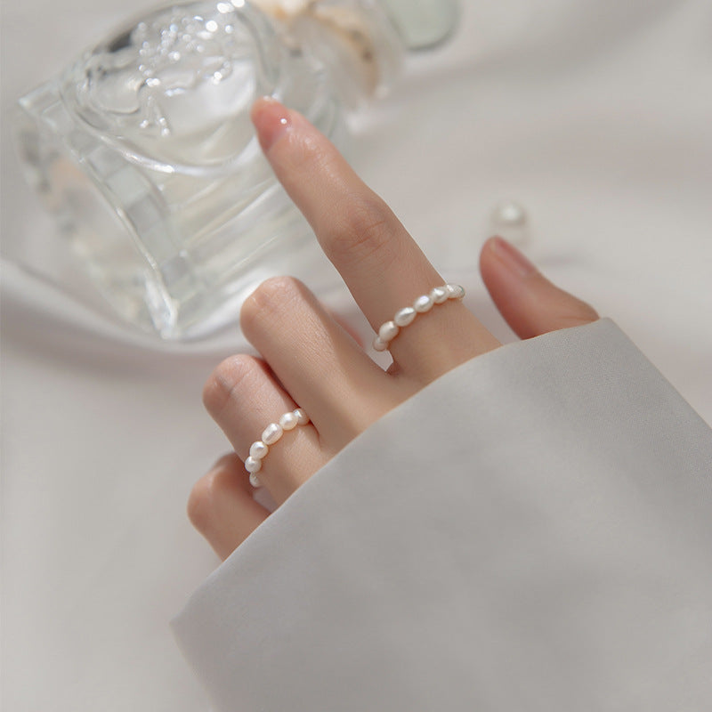 Irregular White Pearl Beaded Ring Pearl Elastic Stretch Ring