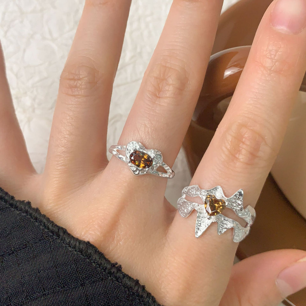 Fashion Double Layers Brown CZ Heart 925 Sterling Silver Wave Adjustable Ring
