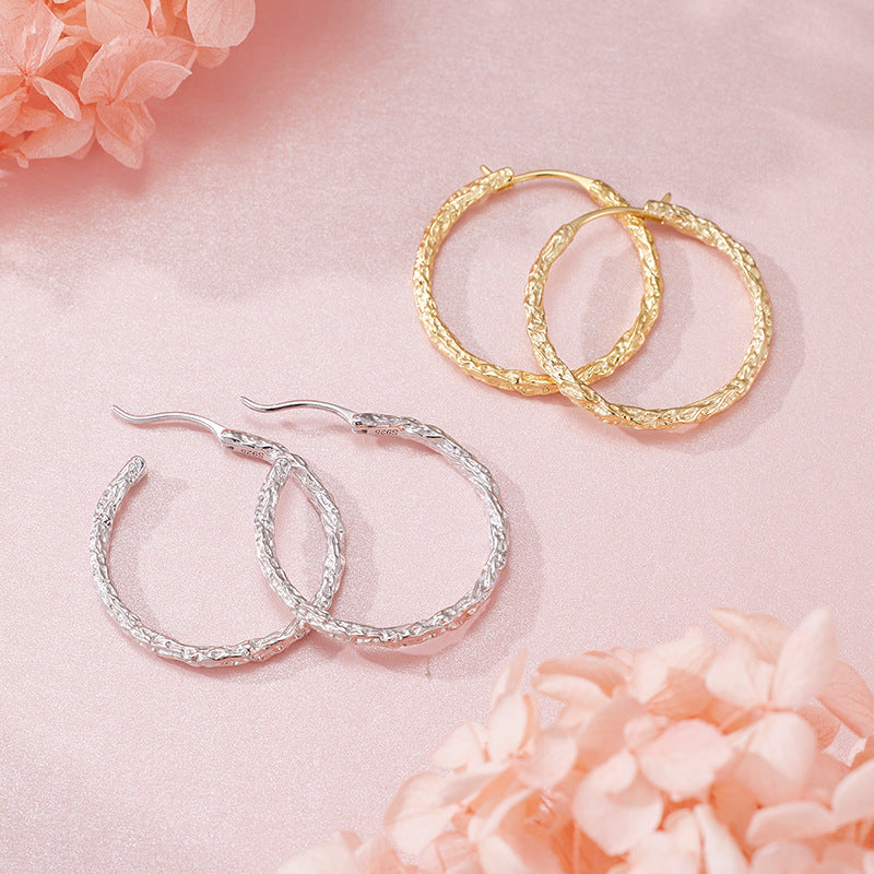 Geometric Textured Solid 925 Sterling Silver Round Circle Hoop Earrings