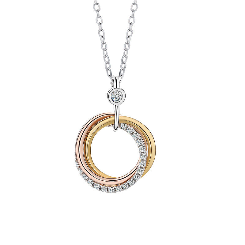 Cubic Zirconia Geometric  S925 Sterling Silver Triple Interlocking Circle Pendant Necklace