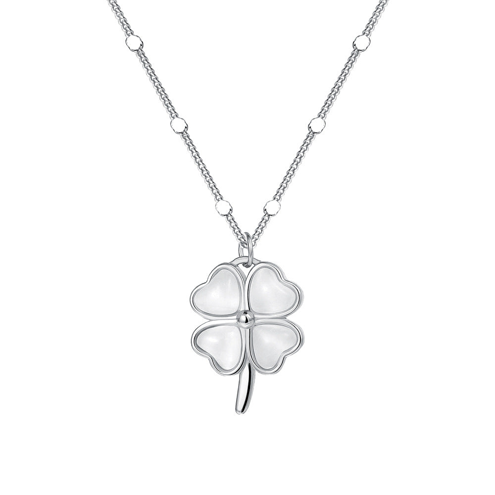 Elegant Four Leaf Clover White Cat Eye Stone 925 Sterling Silver Necklace Fashionable Light Luxury Design for Women Office Daily Wear