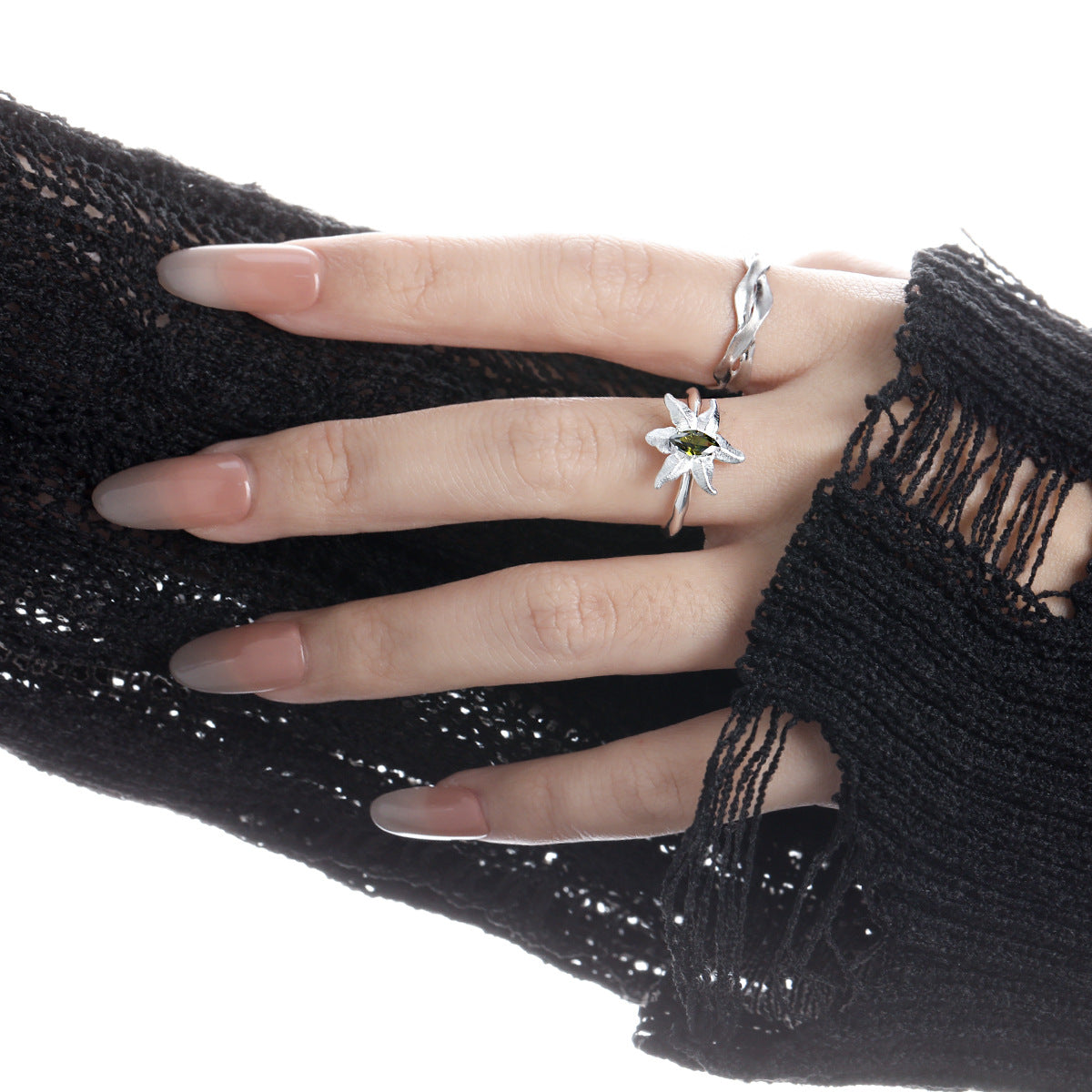 Minimalist Style Unique Starfish Design Peridot Embedded 925 Sterling Silver 18K Gold Plated Open Adjustable Ring