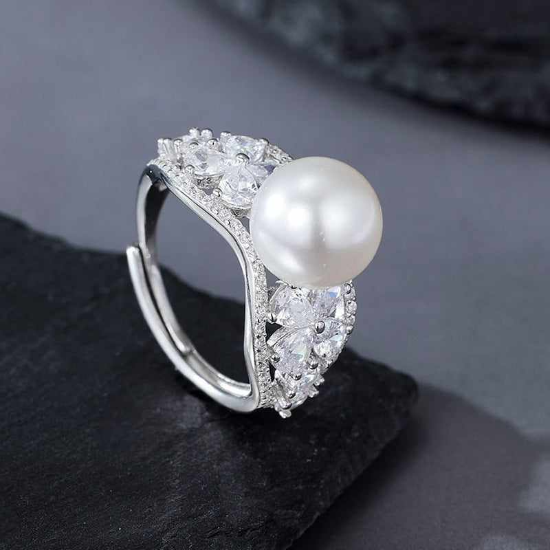 Elegant Fashion Women Floral Cluster Statement Flower Pearl Bead Cubic Zirconia Solid 925 Sterling Silver Open Ring