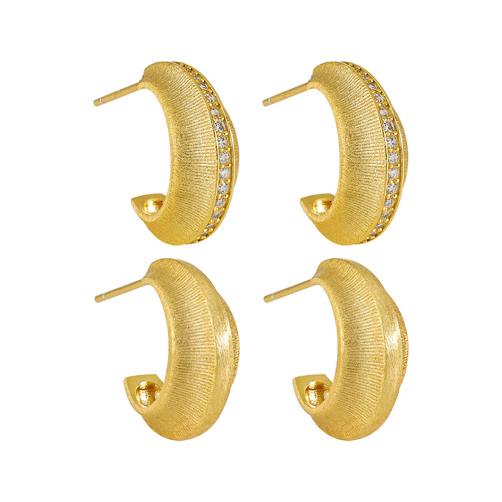 Modern Minimalist Matte Finish Geometric Cubic Zirconia in 925 Sterling Silver and 18K Gold Plated Hoop Earrings