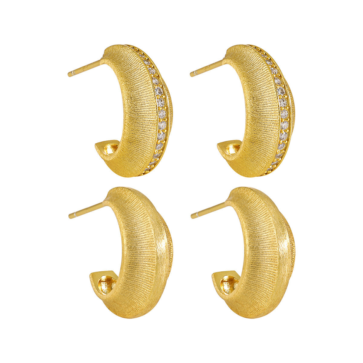 Modern Minimalist Matte Finish Geometric Cubic Zirconia in 925 Sterling Silver and 18K Gold Plated Hoop Earrings