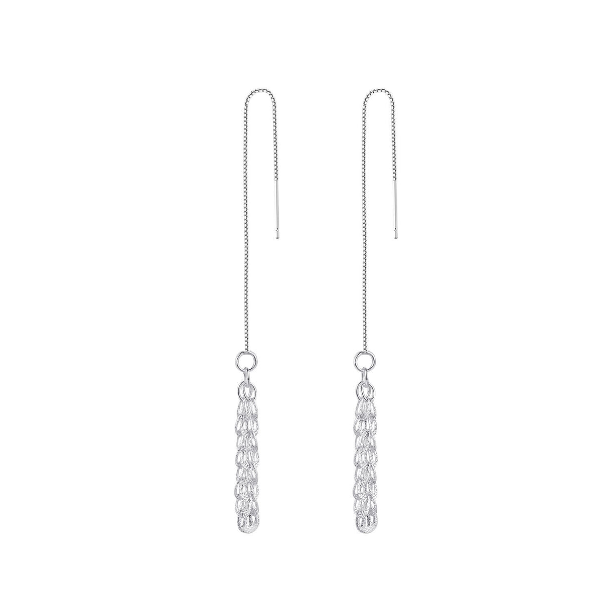 Elegant Long Chain Tassel Cubic Zirconia in 925 Sterling Silver Tassel Feather Threader Earrings