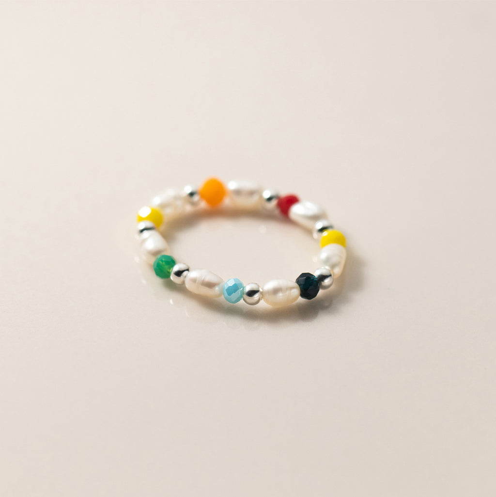 Irregular Pearl Multicolor Synthetic Crystal Elastic Beaded  S925 Silver Ring
