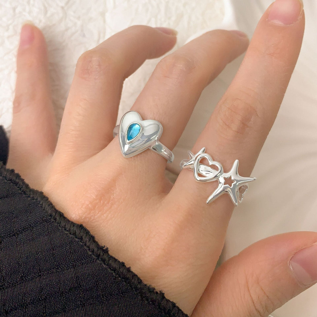 Girl Hollow Moonstone Stars Heart 925 Sterling Silver Adjustable Ring