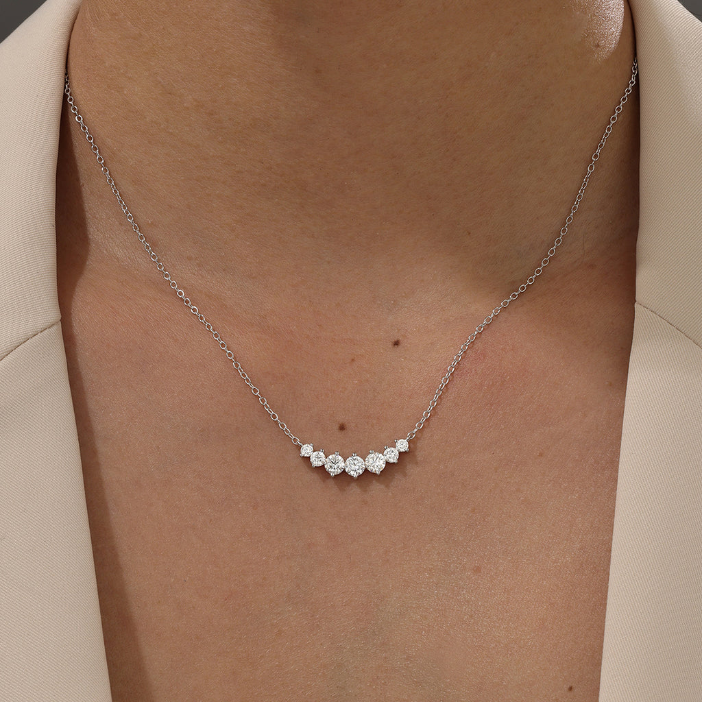 Round Moissanite Cluster-Set Curved Bar 925 Sterling Silver Necklace