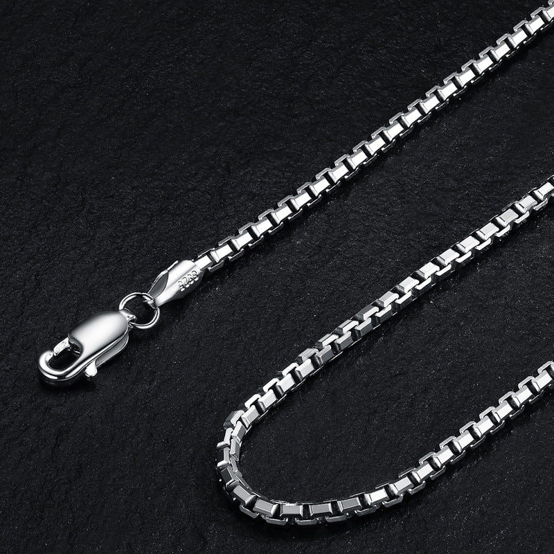 Pure Metal Geometric Box Chain Necklace Silver Color Solid 925 Sterling Silver Polished No Pendant Minimalist Unisex Short Chain Necklace 2mm Fashion Jewelry Gift