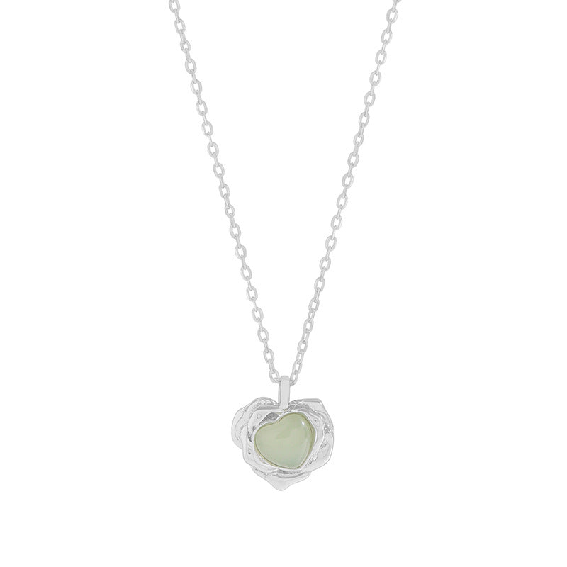 Women Green Crystal Heart Flower Border 925 Sterling Silver Necklace
