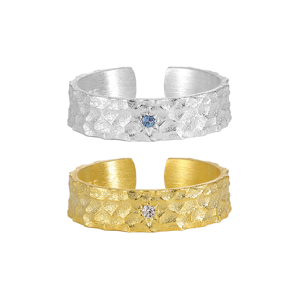 Hammered Texture Cubic Zirconia Adjustable Open Ring for Women with 925 Sterling Silver and 18K Gold Plating, Unique Minimalist Style for Anniversary, Birthday, Party, or Casual Wear