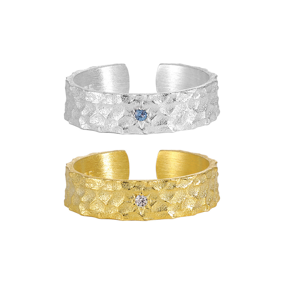 Hammered Texture Cubic Zirconia Adjustable Open Ring for Women with 925 Sterling Silver and 18K Gold Plating, Unique Minimalist Style for Anniversary, Birthday, Party, or Casual Wear