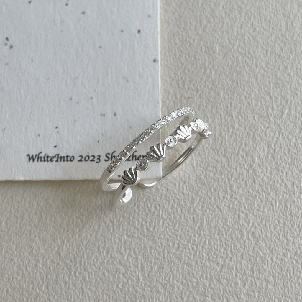 Women Fashion Double Layers CZ Shell 925 Sterling Silver Adjustable Ring