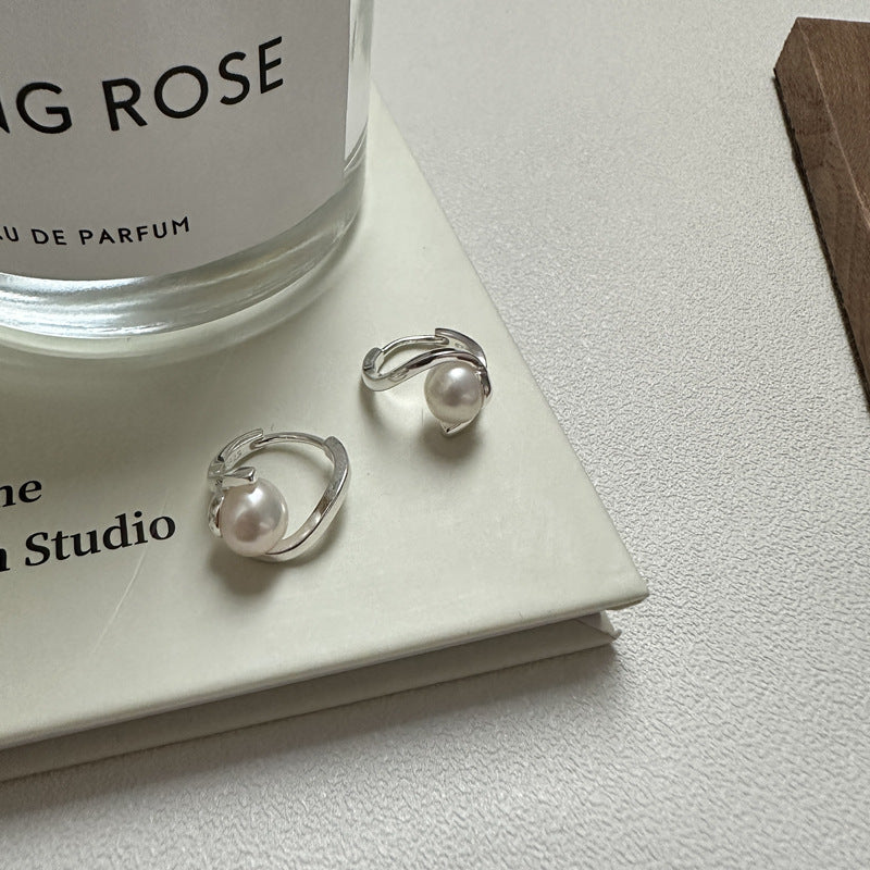 925 Sterling Silver Geometric Pearl Twisted Hoop Earrings
