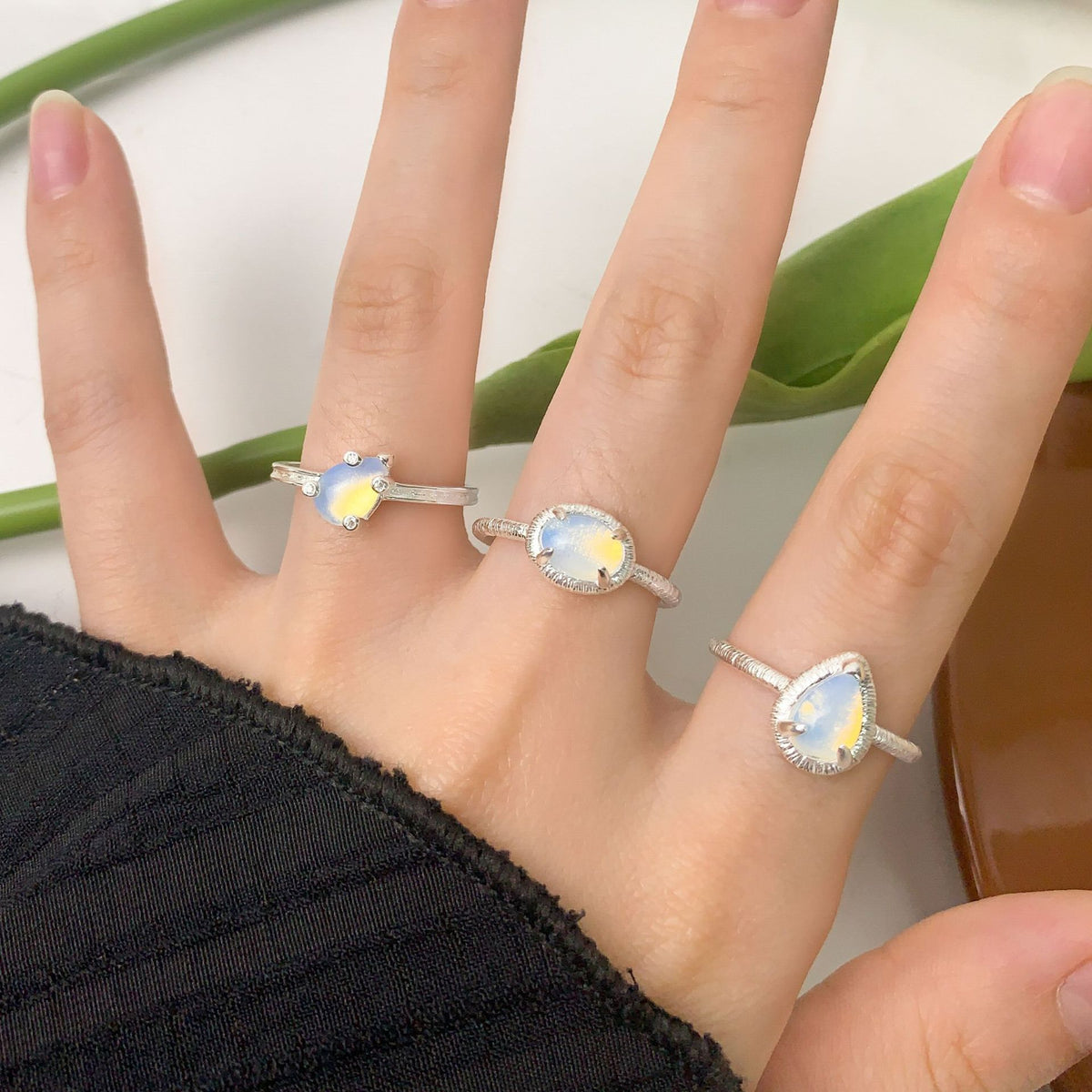 Causal Simple Oval Natural Opal 925 Sterling Silver Adjustable Ring