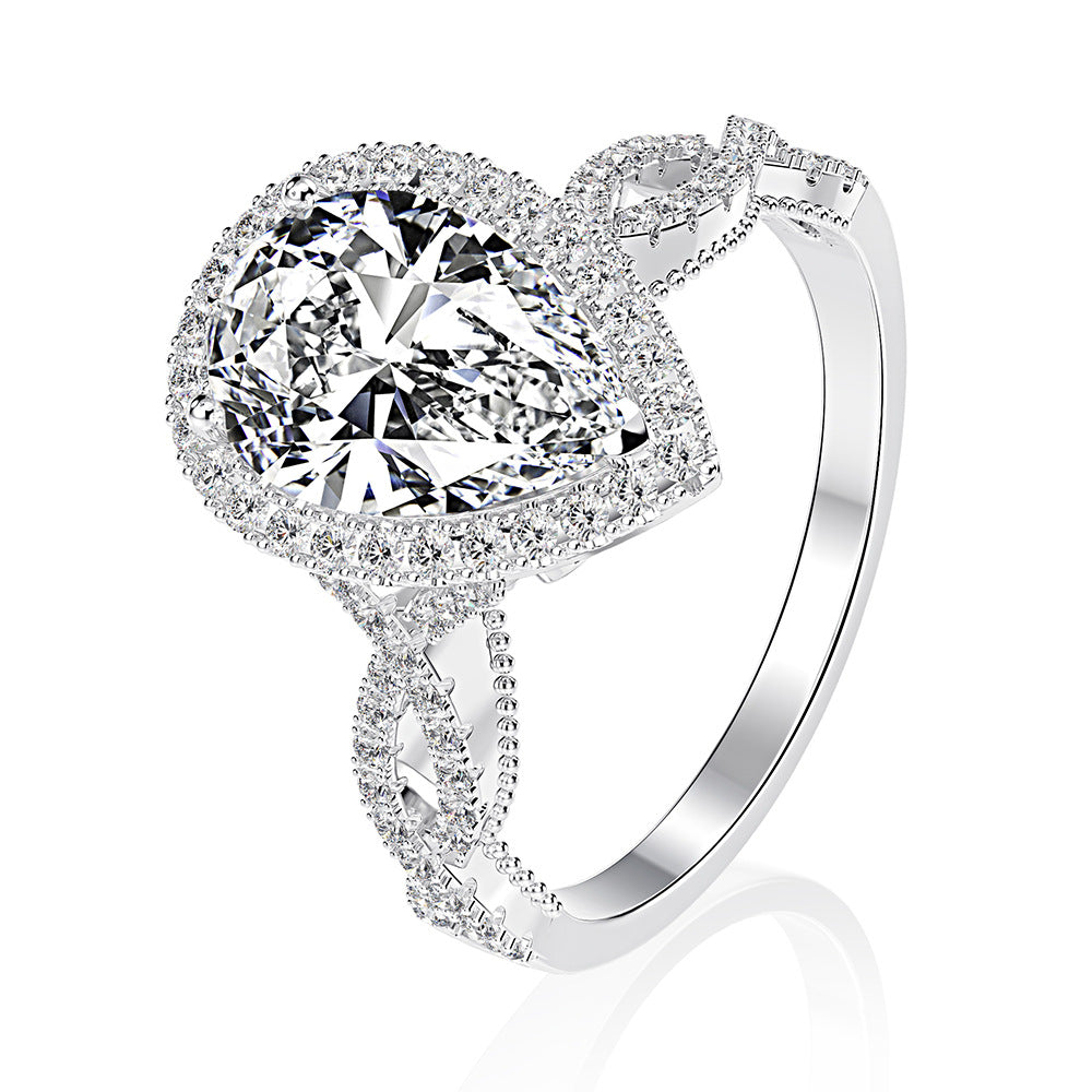 Anillo de halo con forma de lágrima de diamante blanco, banda bifurcada y piedras laterales de talla marquesa, anillo de boda de plata de ley 925, regalo de aniversario