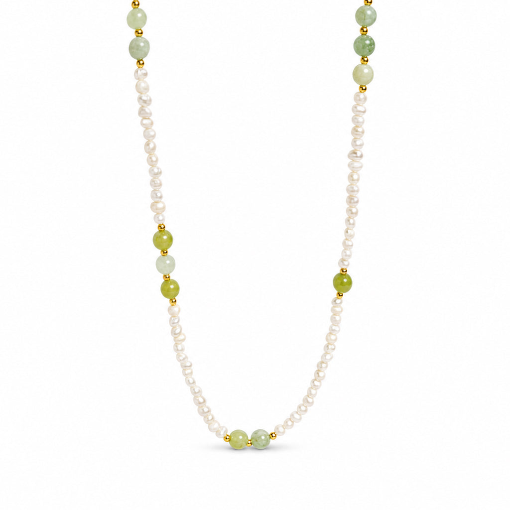 Minimalist Light Green Jade Small Freshwater Pearl Gold Beaded Adjustable 925 Sterling Silver Necklace