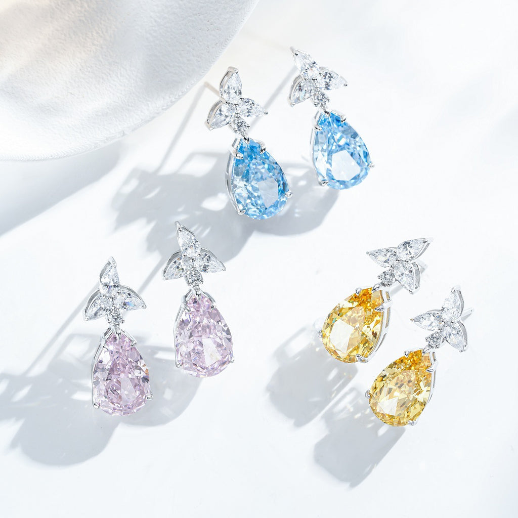 Elegant Teardrop Cubic Zirconia 925 Sterling Silver Drop Earrings with Yellow Blue Pink Gemstones for Women Party Fashion Jewelry Gift Luxury Design