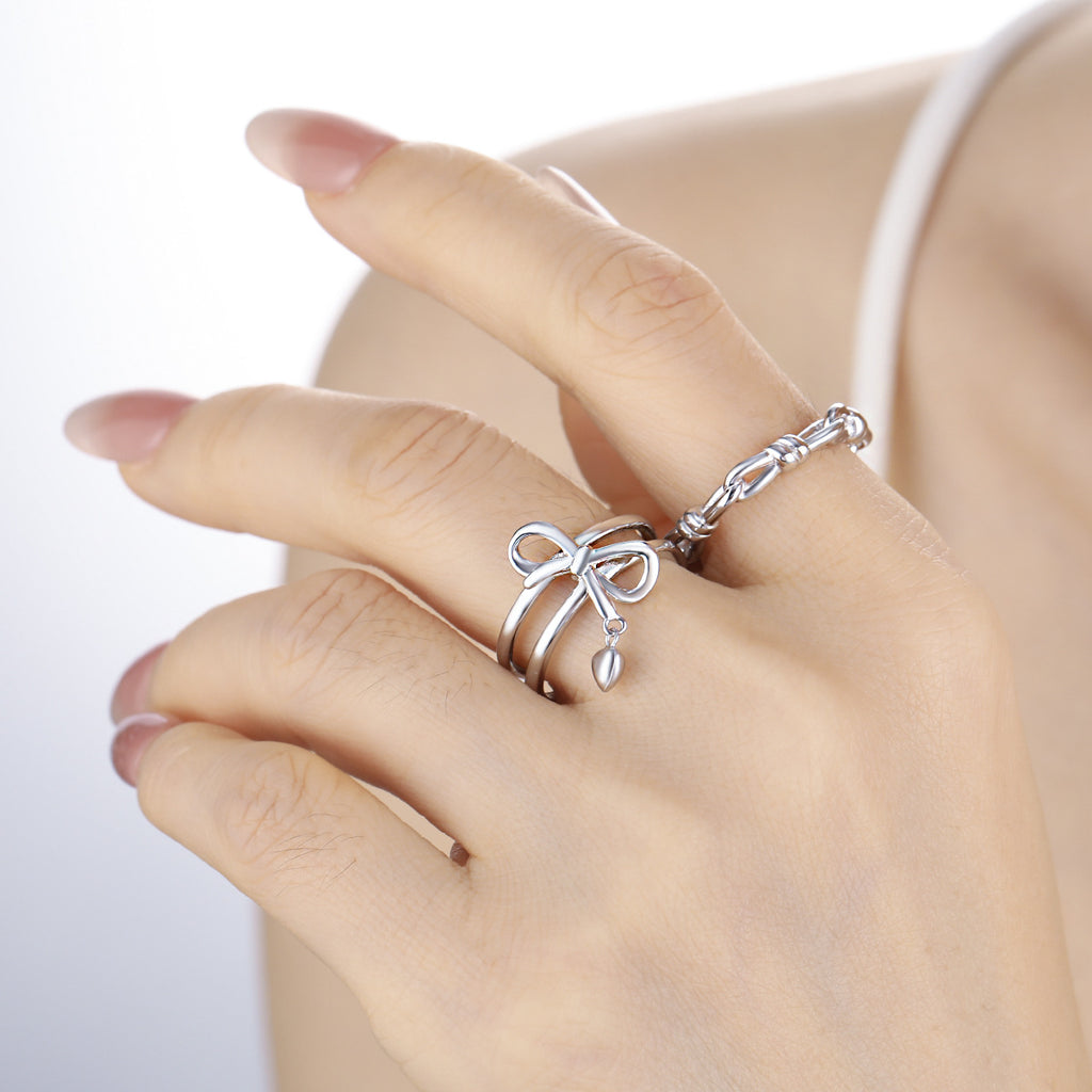 New Double Band Adjustable Bowknot Heart Charm 925 Sterling Silver Fashionable Women's Ring