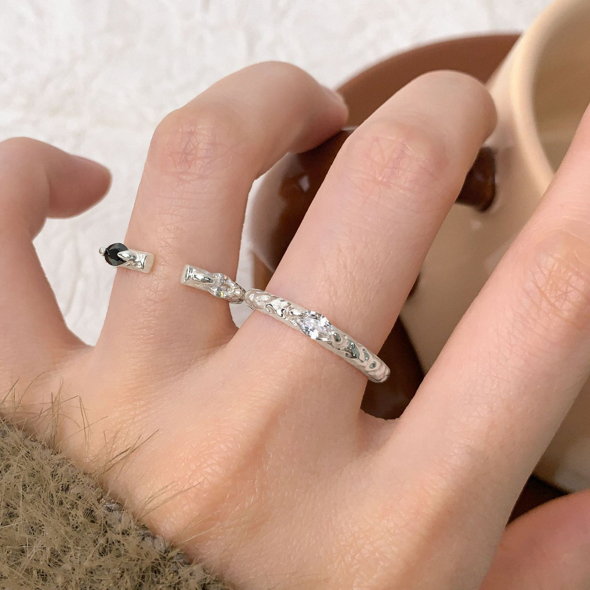 Simple Black CZ Irregular Drawing 925 Sterling Silver Adjustable Ring