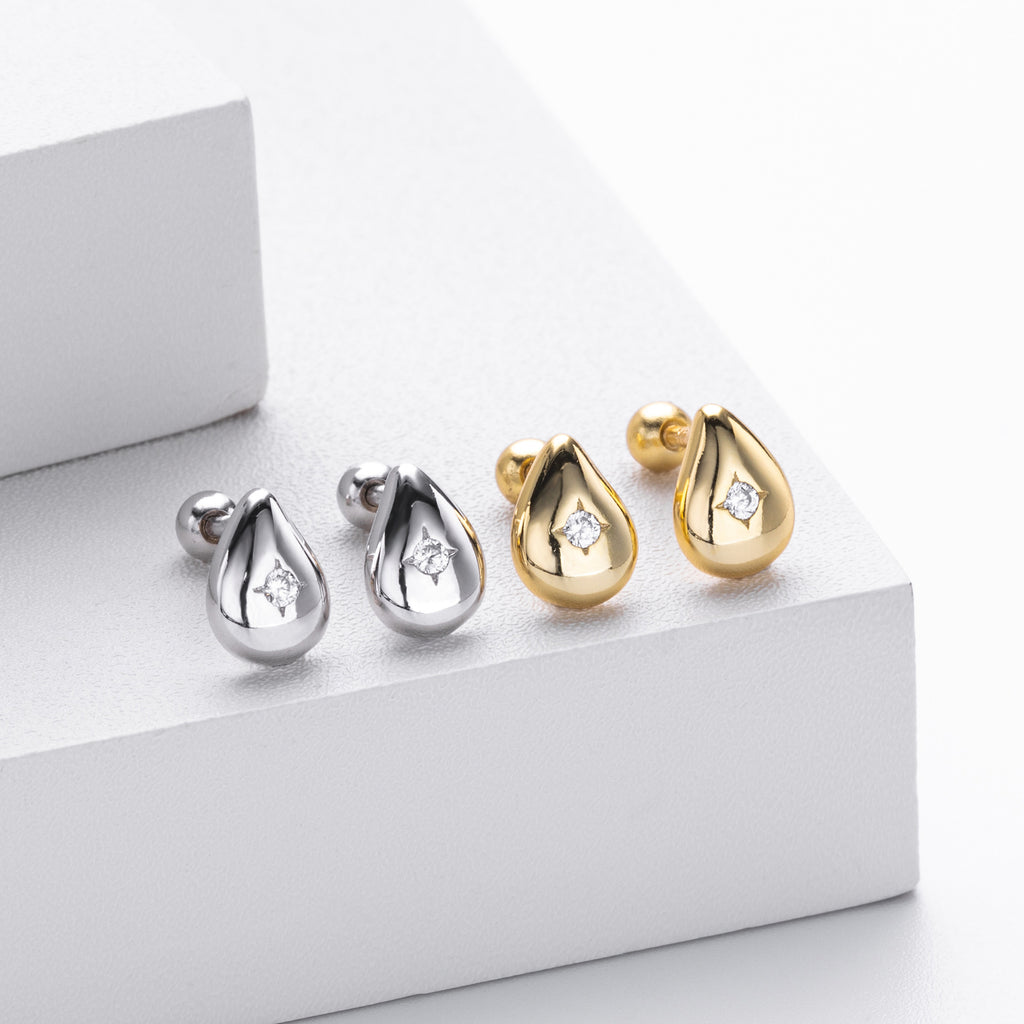 Teardrop Geometric Minimalist 925 Sterling Silver Gold Plated Cubic Zirconia Stud Earrings