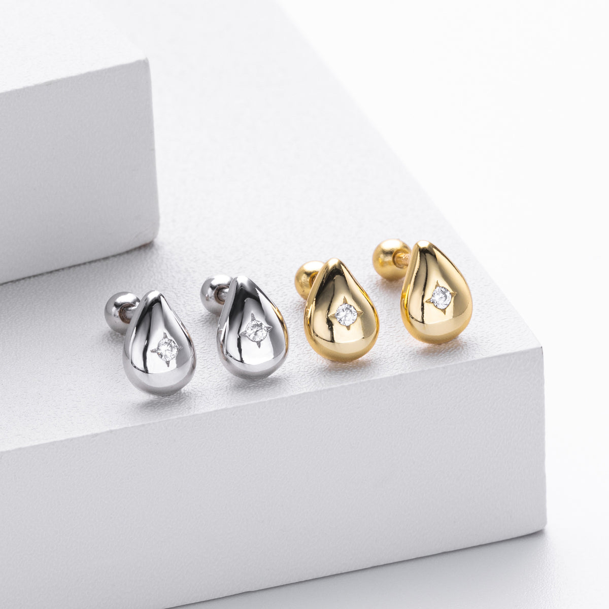 Teardrop Geometric Minimalist 925 Sterling Silver Gold Plated Cubic Zirconia Stud Earrings
