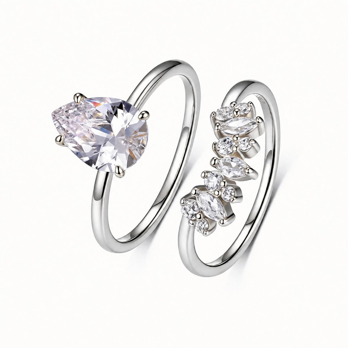 Women’s Striped Design Pear-Shaped Moissanite Two-Piece Stackable Set of 925 Sterling Silver Rings