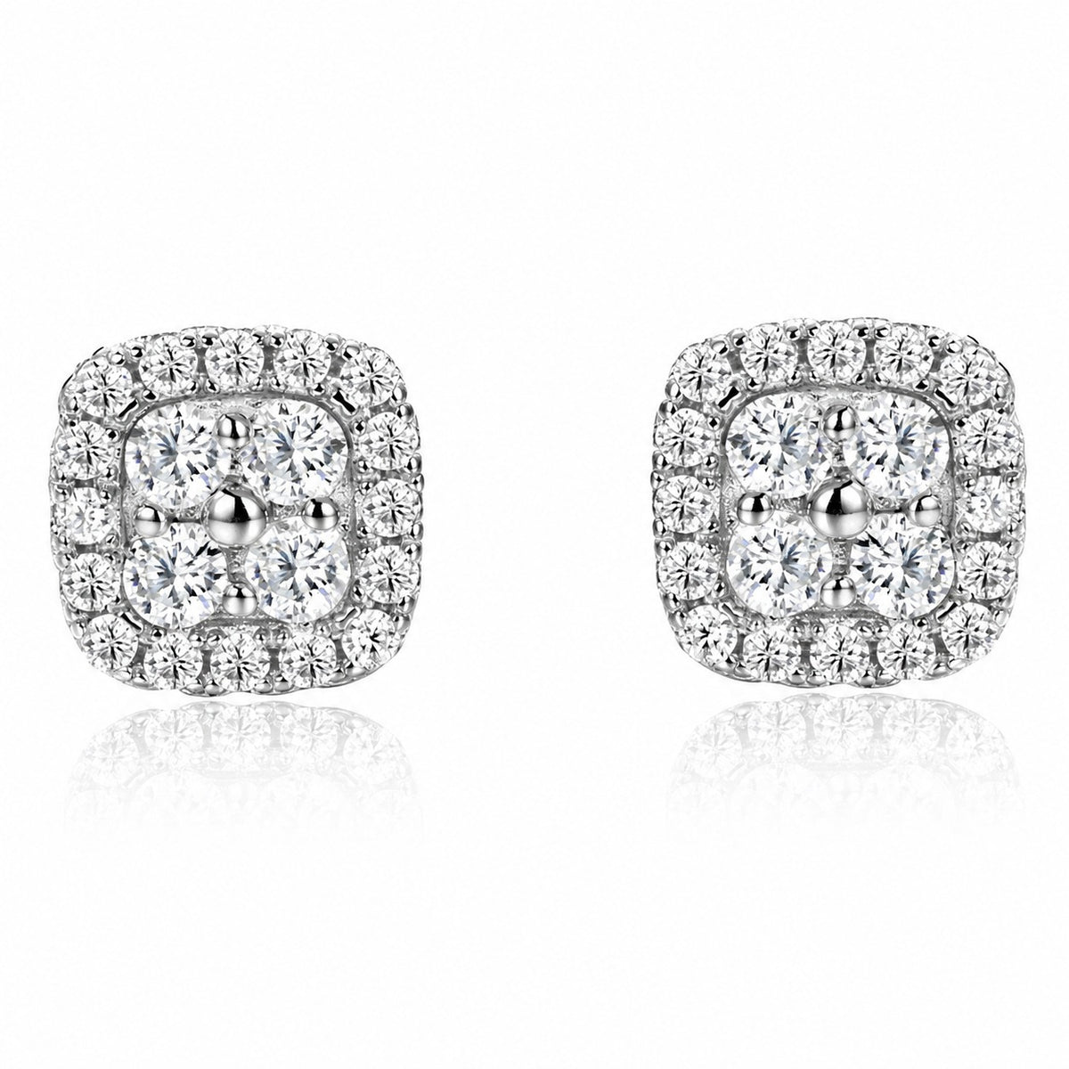 Mossanite Cushion-Cut Quadrifoliate Double Row Bezel Set 925 Sterling Silver Earrings