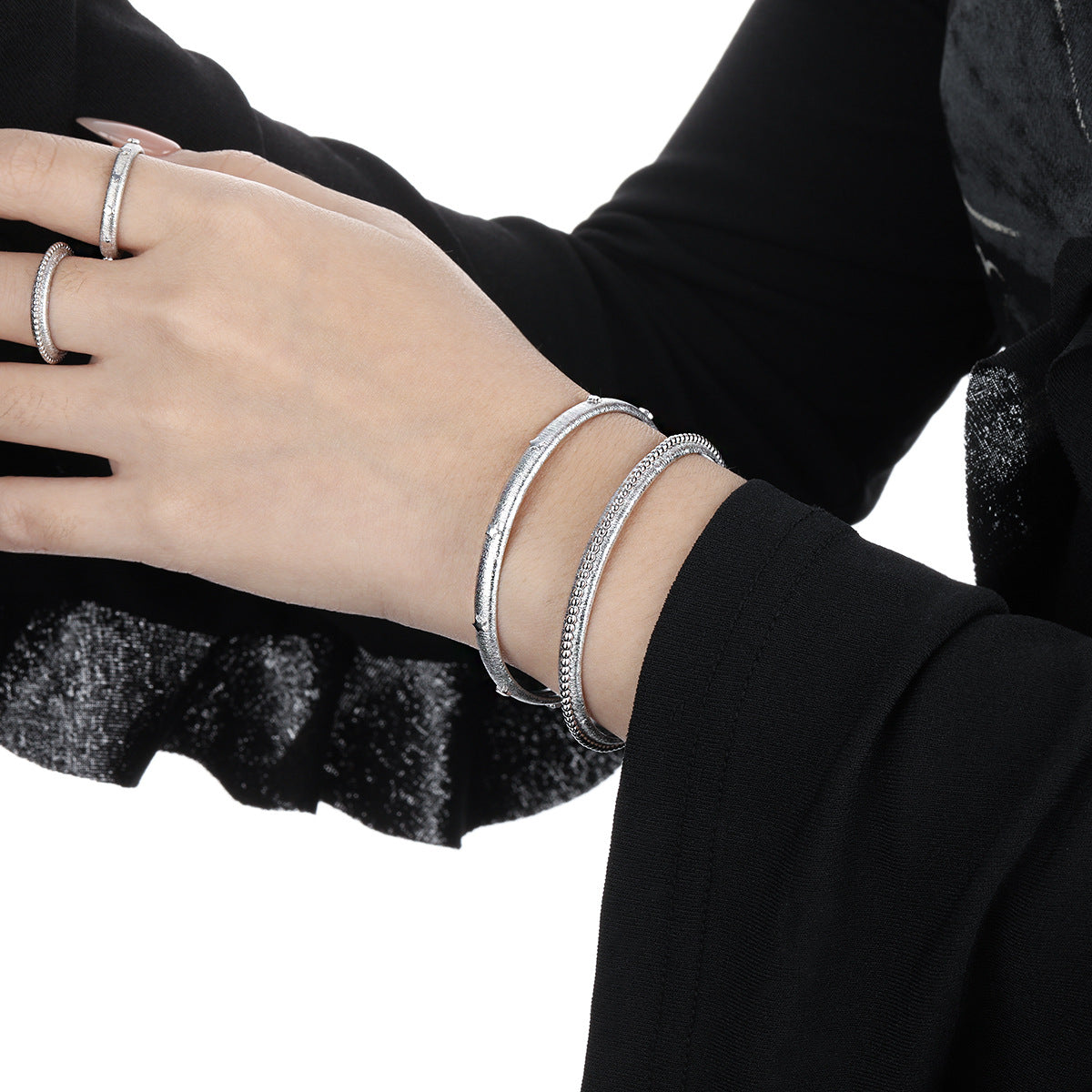 Matte Brushed Five-Pointed Star Design 925 Sterling Silver Geometric Adjustable Bangle Bracelet