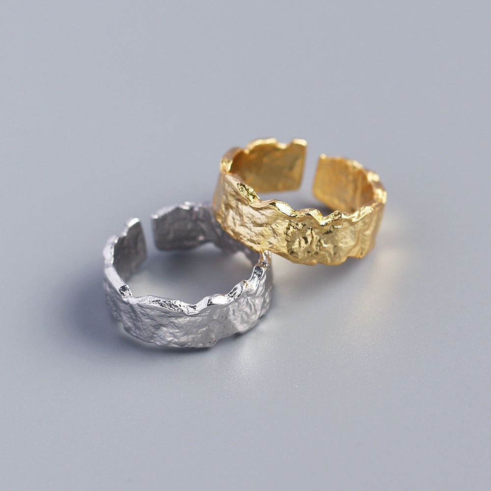 Minimalist Modern Fashion Jewelry Irregular Foil Texture S925 Sterling Silver Open Band Adjustable Ring Ring
