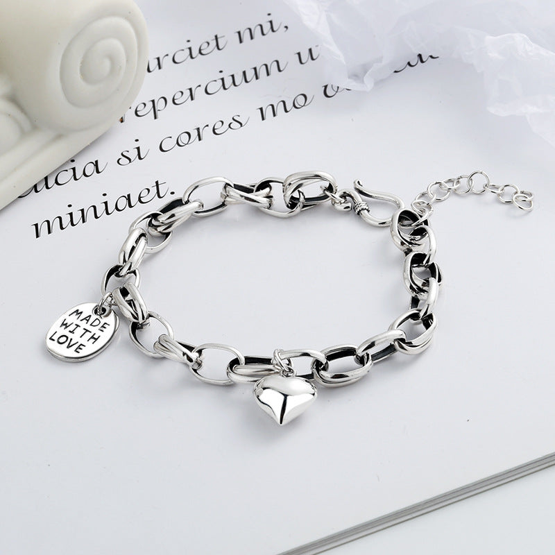 Heart Charm Link Chain Solid 925 Sterling Silver Vintage Bracelet