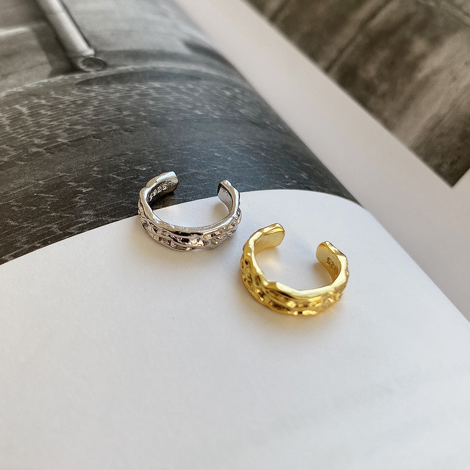 Geometric Textured 925 Sterling Silver Adjustable Ear Cuff Earrings in White Gold and Yellow Gold for Women Fashion Trendy Jewelry