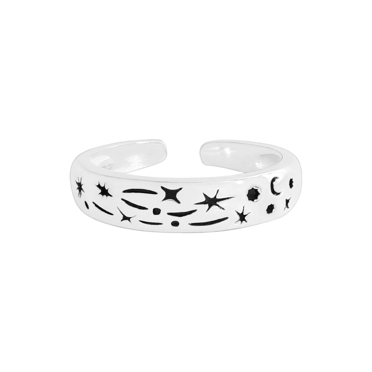 Holiday Black Star Moon Graffiti 925 Sterling Silver Adjustable Satcker Ring