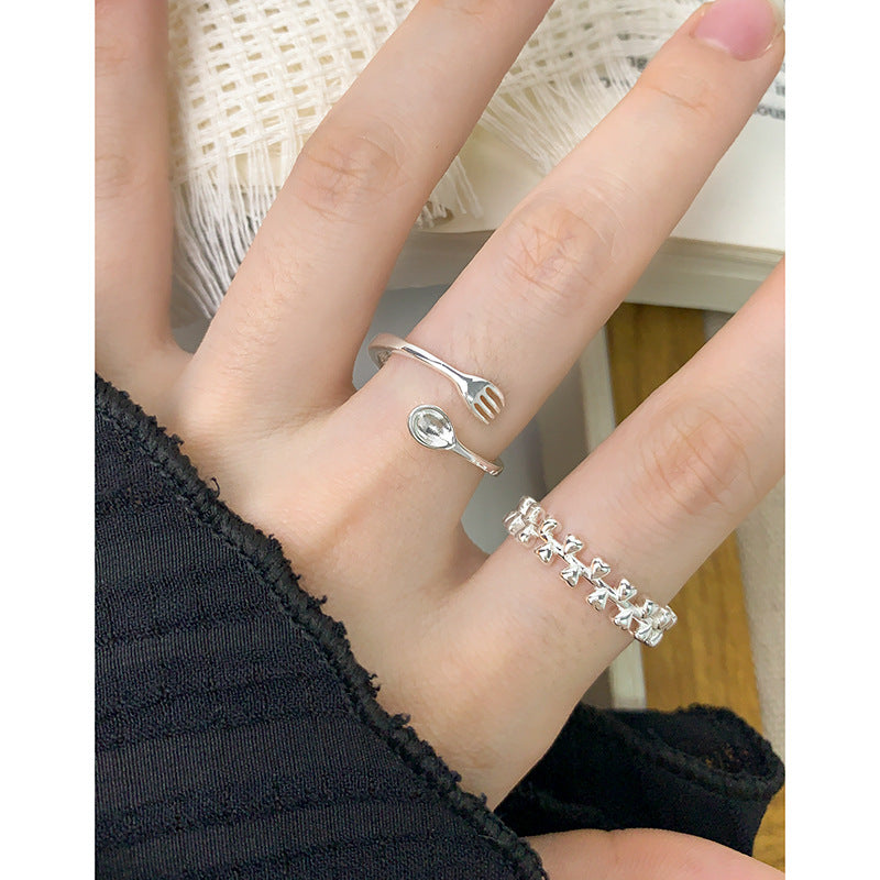 Unique Fork and Spoon Design Adjustable Pure 925 Sterling Silver Open Ring