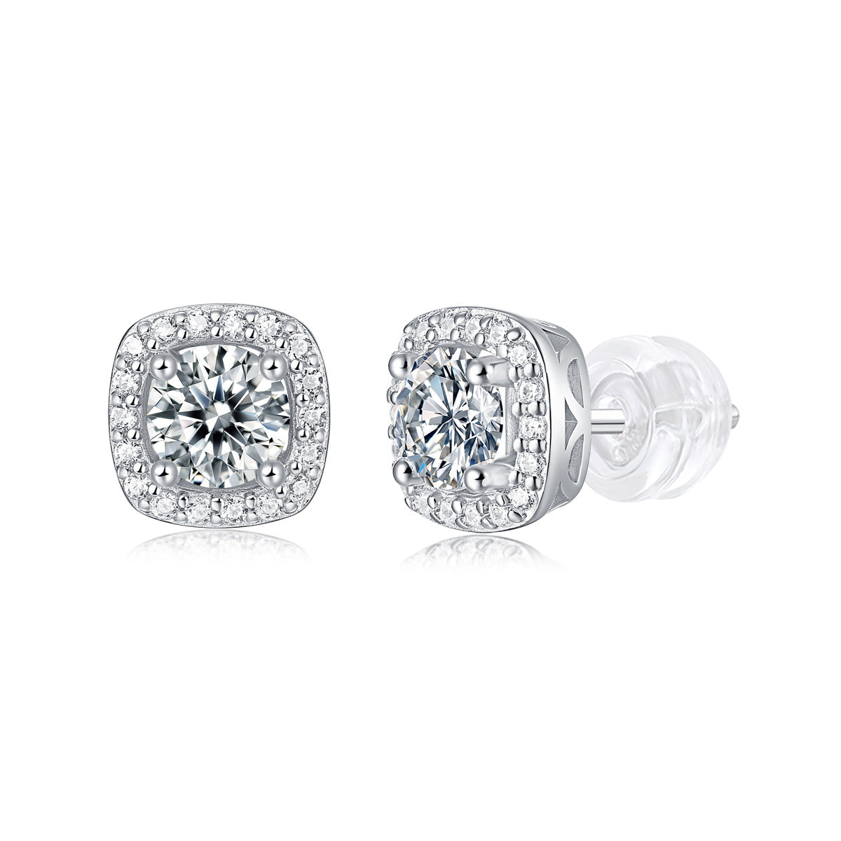 Square Cushion Halo Moissanite White 925 Sterling Silver Geometric Ear Stud Earrings