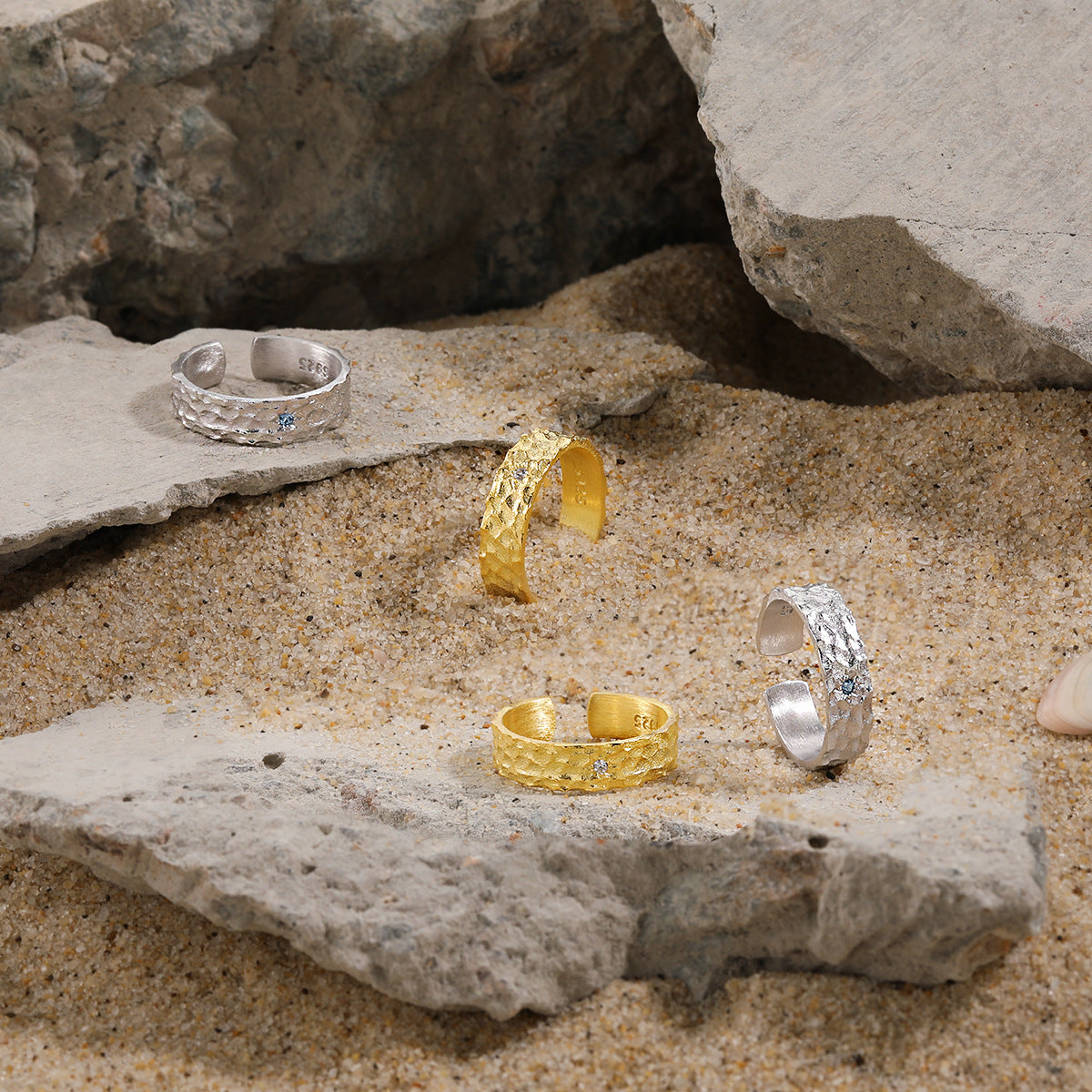 Hammered Texture Cubic Zirconia Adjustable Open Ring for Women with 925 Sterling Silver and 18K Gold Plating, Unique Minimalist Style for Anniversary, Birthday, Party, or Casual Wear