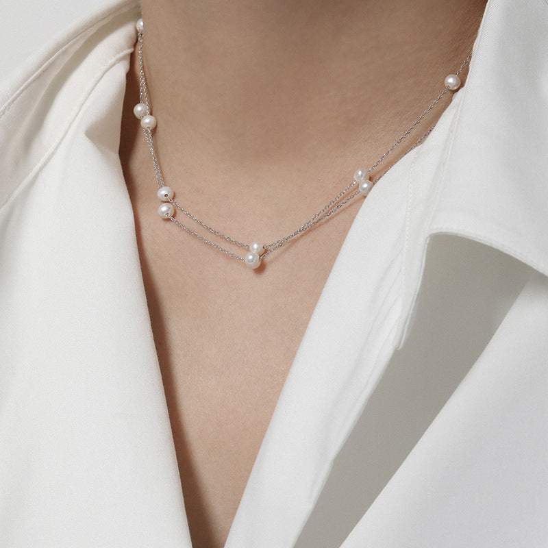 Collar de cadena geométrica de plata esterlina S925 con perlas de agua dulce de doble capa