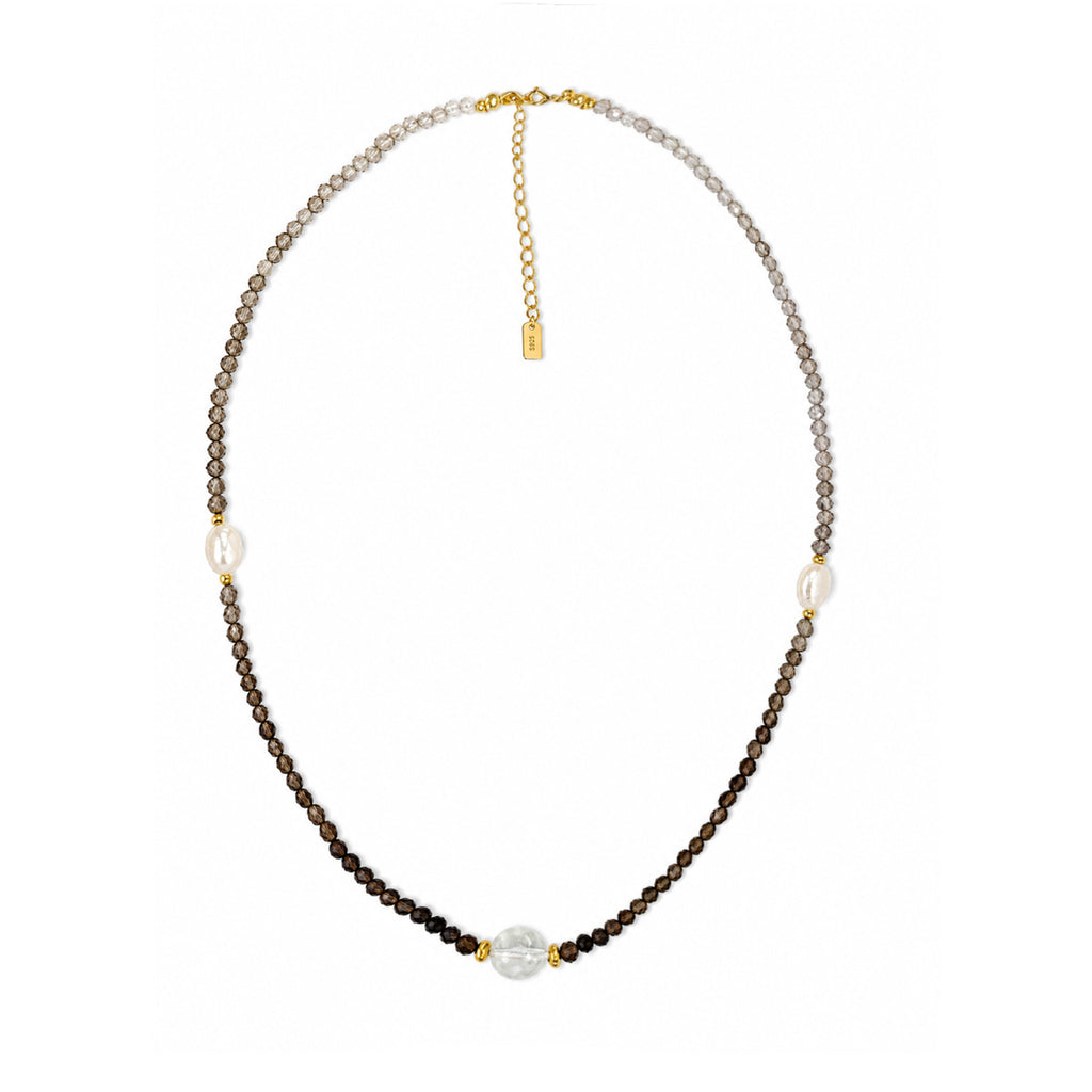 Minimalist Gradient Smoky Quartz Baroque Pearl Gold Beaded Adjustable Ladies Fine Jewelry 925 Sterling Silver Necklace