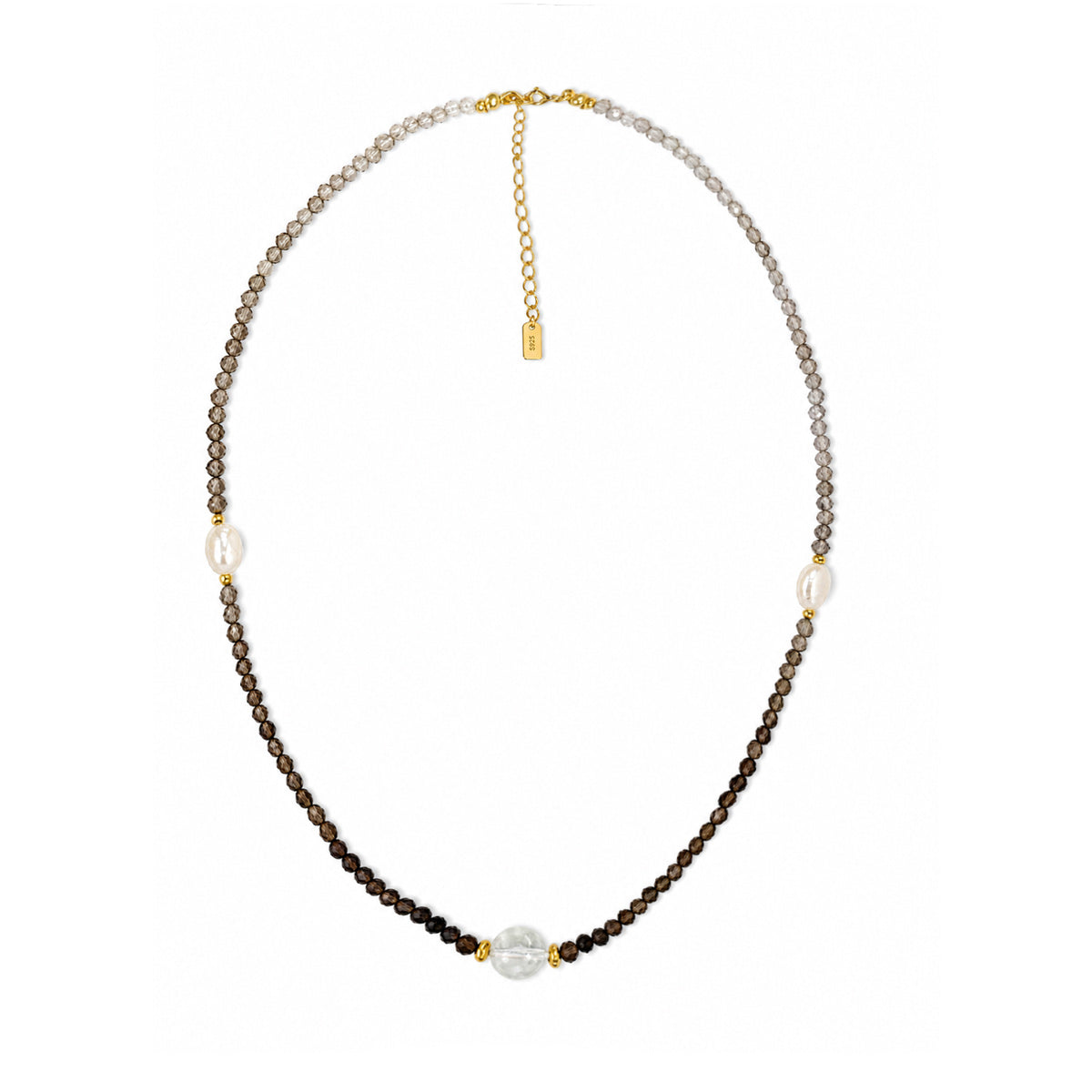 Minimalist Gradient Smoky Quartz Baroque Pearl Gold Beaded Adjustable Ladies Fine Jewelry 925 Sterling Silver Necklace